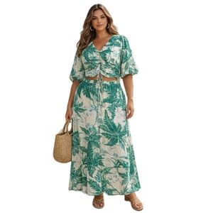 H&M, Green Tropical Leaf 2-Piece Resort Set Top & Maxi Skirt, Size  XL